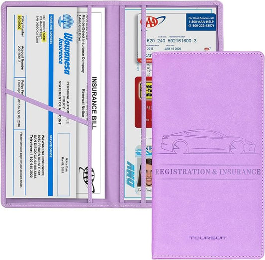 TOURSUIT Car Registration and Insurance Card Holder, Vehicle License Document Glove Box Compartment Organizer, Interior Car Accessories for Women Men (Purple)