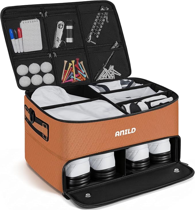 ANILD Golf Trunk Organizer, 2 Layer Golf Storage Case with Separate Ventilated Compartment for 2 Pair Shoes, for Balls, Tees, Clothes, Gloves, Accessories, Golfer Gifts