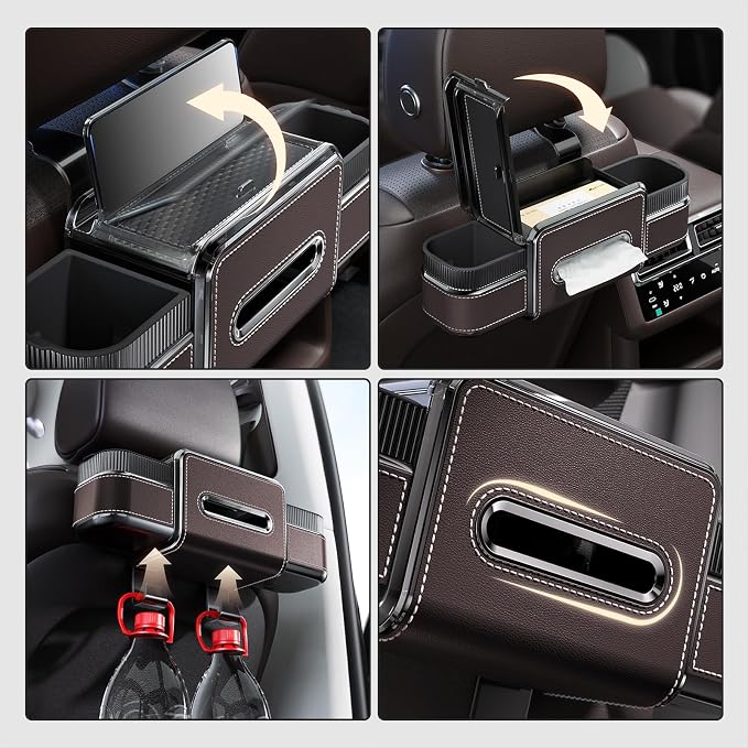 Multifunctional Car Headrest Backseat Organizer Box with Drink Cup Holder, Makeup Mirror, Tissue Box & Hooks for Car Seat Back, Upgrade Car Headrest Backseat Organizer Great for Kids and Travel(Brown)