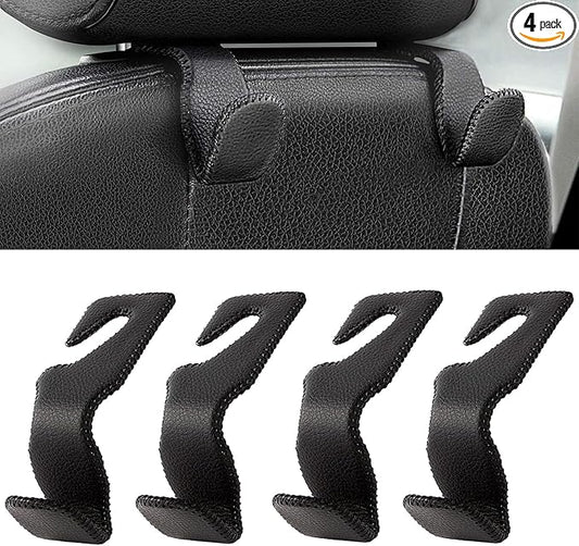AMVOYOA Headrest Hooks for Car, Back Seat Organizer Black Leather Hanger Holder Hook, for Hanging Purses and Bags and Coats, Pack of 4