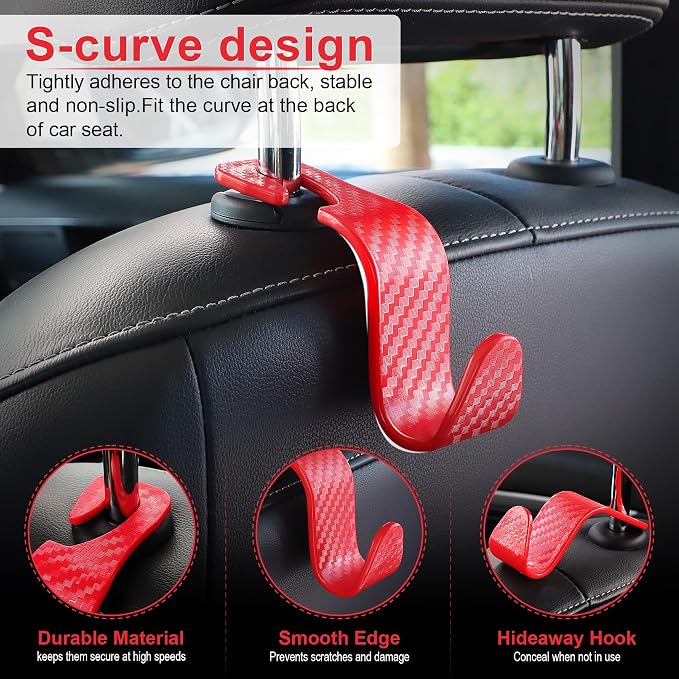 LivTee Car Purse Hook, Headrest Hook for Car, 4 Pack Universal Auto Car Seat Headrest Hook Hangers Organizer for Purse Coat Umbrellas Grocery Bags Handbag, Car Accessories - Carbon Fiber Red