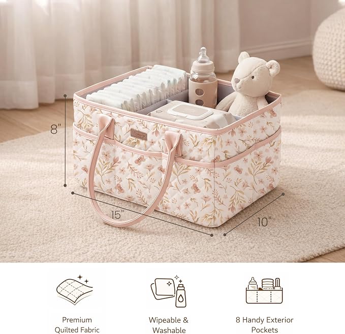 Konssy Floral Quilted Diaper Caddy Organizer, Diaper Caddy Basket with PU Leather Handles, Water-Repellent Nursery Storage Basket, Portable Car Organizer, Registry Search Must Haves (Pink Spring)