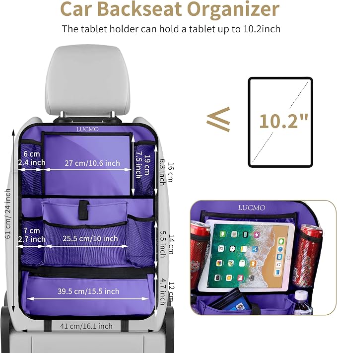 LUCMO Car Backseat Organizer with Touch Screen Tablet Holder-2 Pcs,9 Storage Pockets Car Storage Organizer Protectors Kick Mats Travel Accessories for Kids-Purple