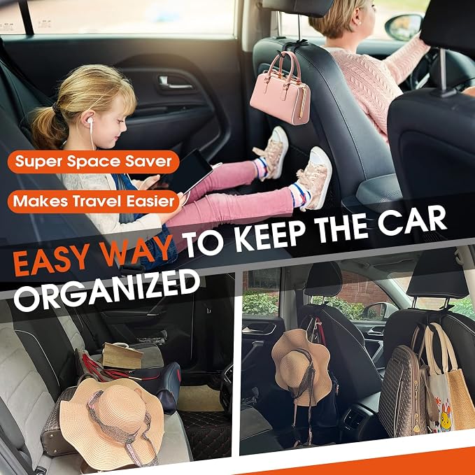 Car Headrest Hooks for Purses and Bags, Upgraded 2 in 1 Cars Back Seat Head Rest Hanger Vehicle Leather Organizer Storage Holder Hook Matching Cars Interior, 2-Pack, Beige