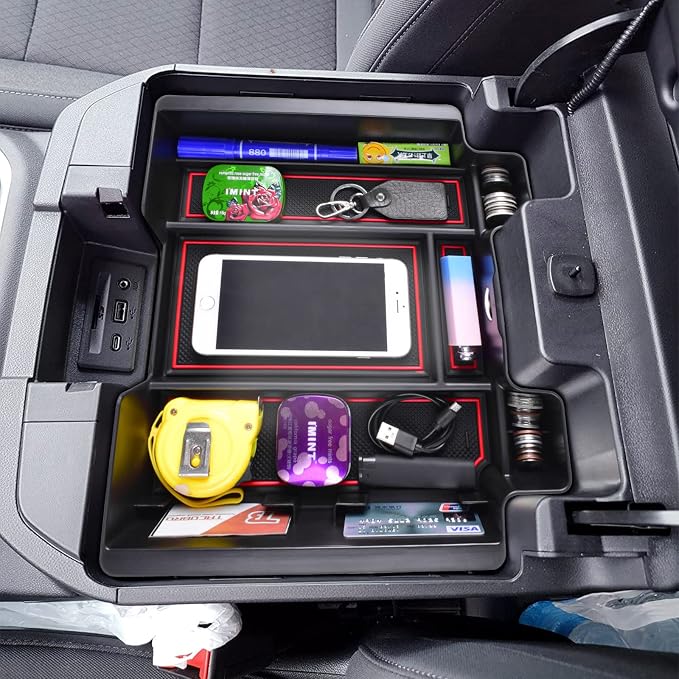 [Full-Coverage ] Center Console Organizer Compatible with 2019-2022 Chevy Silverado 1500/GMC Sierra 1500 and 2020-2023 Silverado/Sierra 2500/3500HD Accessories, Armrest Insert Tray, Red