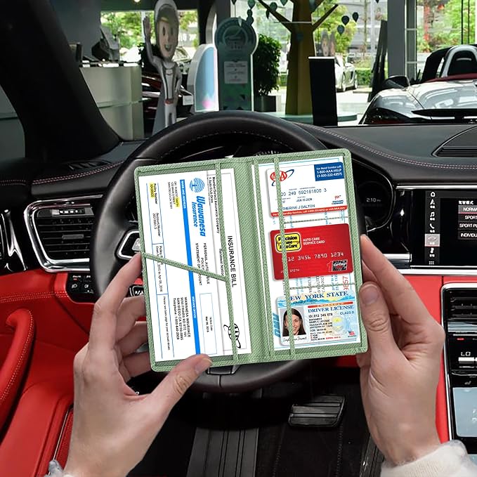 TOURSUIT Car Registration and Insurance Card Holder, Vehicle License Document Glove Box Compartment Organizer, Interior Car Accessories for Women Men (Carbon Green)