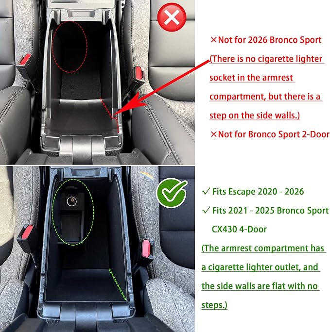 Center Console Organizer Tray Compatible with Ford Escape 2020-2024 2025 2026 and 2021-2024 2025 Bronco Sport CX430 4-Door (Not for U725 2-Door) Secondary Storage Armrest Box - Black