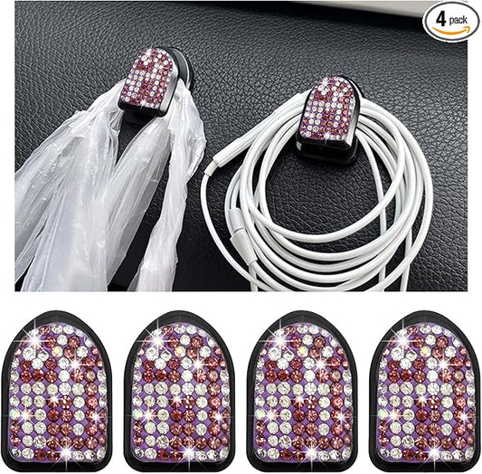 Yourkar 4PCS Bling Car Mini Hooks, Multifunctional Adhesive Small Auto Storage Hook for Key Cable Mask, Crystal Rhinestone Dashboard Hanging Hook, Interior Decor Car Accessories (Purple)