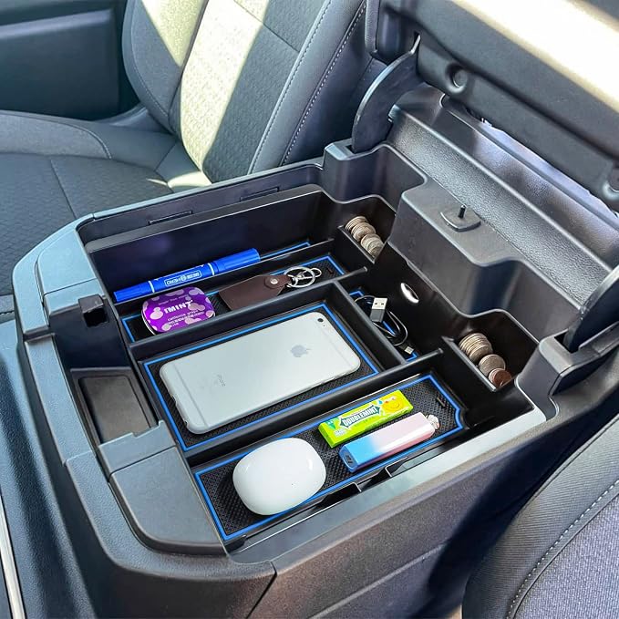 [Full-Coverage Center Console Organizer Compatible with 2019-2022 Chevy Silverado 1500/GMC Sierra 1500 and 2020-2023 Silverado/Sierra 2500/3500HD Accessories, Armrest Insert Tray, Blue