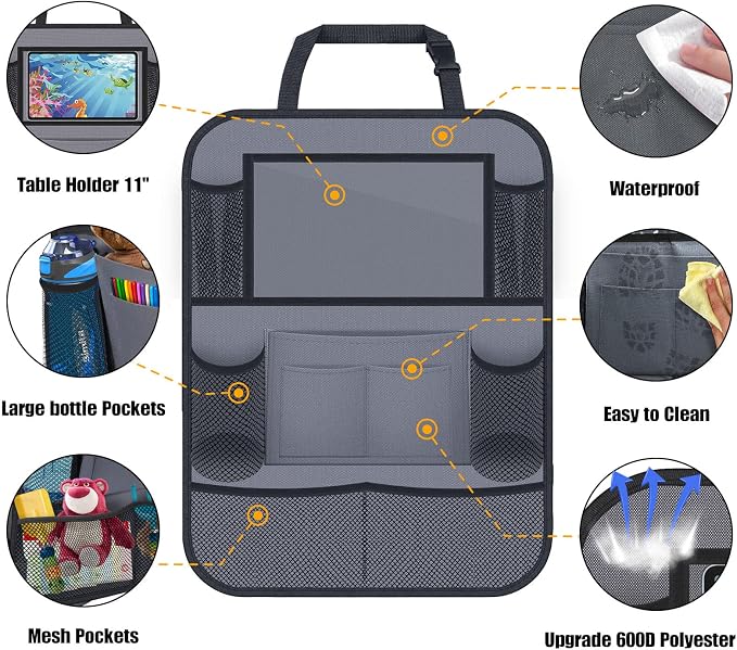 ULEEKA Car Backseat Organizer with 11" Table Holder, 10 Storage Pockets Seat Back Protectors Kick Mats for Kids Toddlers, Travel Accessories, 2 Pack, Gray