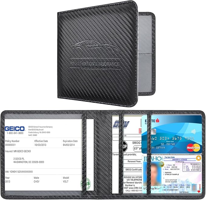 Car Registration and Insurance Holder, Premium Leather Insurance and Registration Holder,vehicle Glove Box Car Organizer, with Magnetic Shut for Cards, Driver License (Carbon Fiber Black-S)