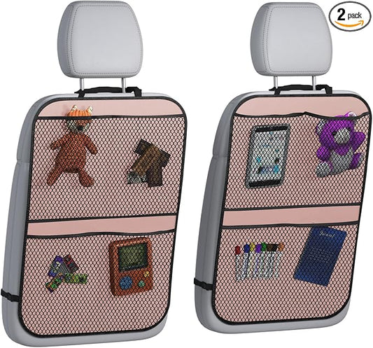 lebogner Back Seat Cover for Kids + 3 Pocket Storage Organizer, 2 Pack X-Large Waterproof Kick Mats, Car Backseat Protector (Beige, Kick Mats + 4 Organizer Pockets)