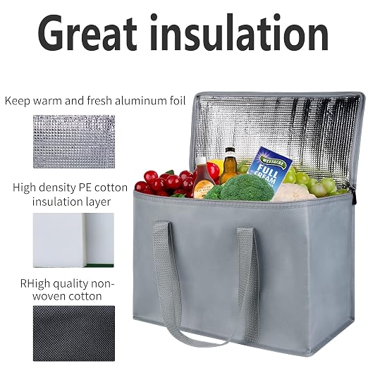 musbus 4 packs insulated trunk organizer car cooler bag XL-Large Insulated Grocery shopping bags, Reusable grey zipped zipper,Collapsible,tote,cooler,groceries,Recycled Material Warm Foldable