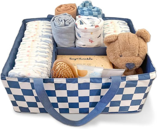 Tiny Twinkle Diaper Caddy Organizer | Foldable Baby Storage Basket with Removable Divider | Waterproof & Mess-Proof Fabric, Portable Nursery Organizer for Newborn Essentials (Blue Checkers)