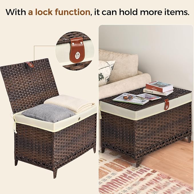 Honjourai Wicker Storage Basket with Lid,Rattan Shelf Basket with Removable Liner Bag,200L Storage Bin,Storage Trunk with Heightened Feet,Storage Container for Wardrobe,Home Organizer
