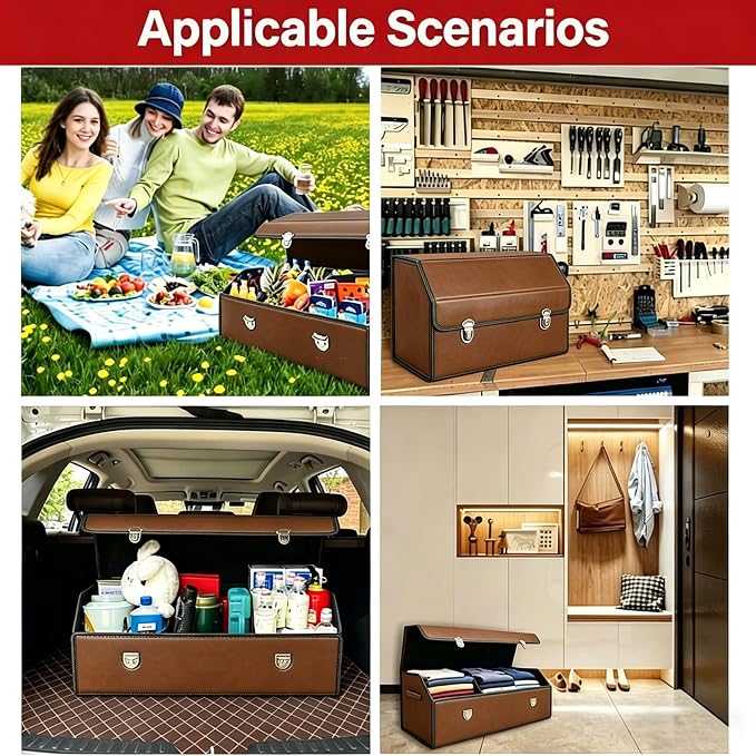 Leather Storage Box Car Trunk Organizer for Trunk SUV Sedan, Leather Foldable Storage Box with Lid (Brown 14.9" L*12.2" W*11.8" H)