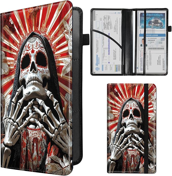 Car Registration and Insurance Card Holder - Santa Muerte Leather Document Organizer & Bifold wallet for License, Insurance Cards | Fits Vehicle Glove Box & Visor