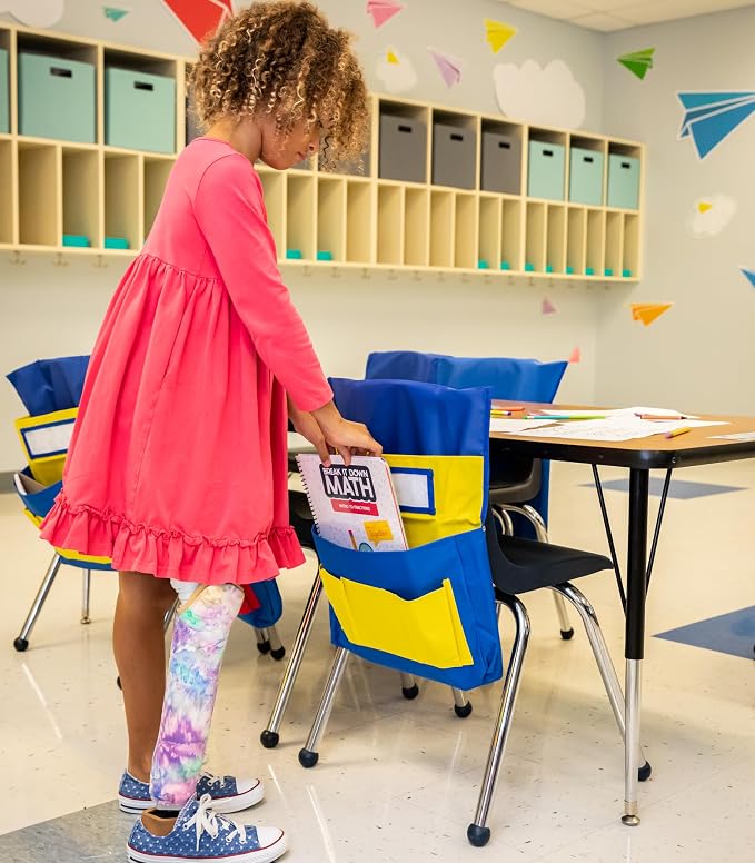 Carson Dellosa 15" x 19" Canvas Blue and Yellow Chairback Buddy Pocket Chart, Seat Storage for Classroom K-2, Classroom Chair Seat Storage with Pockets with 6 Chair Pockets and Student Name Tag