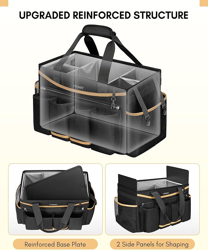 Ytonet Cleaning Caddy Bag with Detachable Apron, Extra Large Cleaning Supplies Organizer with Foldable Dividers, Portable Cleaner Tote with Handle, Cleaner Caddy for Housekeeper, Detailing Bag, Black