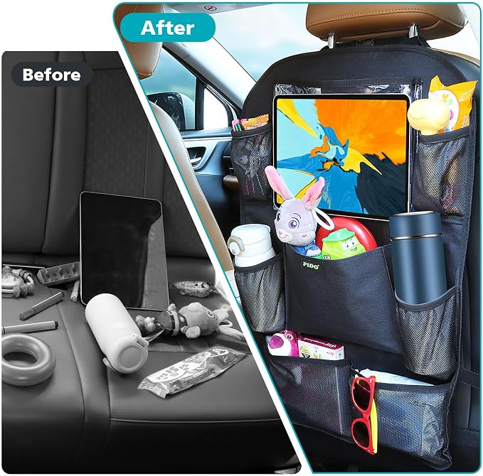 PIDO Backseat Car Organizer, Car Seat Organizer for Kids with Touch Screen Tablet Holder and 8 Pockets, Automotive Seat Back Kick Mat Made with Heavy Duty Fabric, Road Trip Essentials, 2 Pack