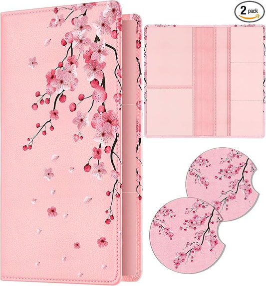 Slohif Car Registration and Insurance Card Holder - Peach Blossom Vehicle Glove Box Organizer Women with Magnetic Shut Leather Automobile License Holders Coasters Auto Accessories Case for Document