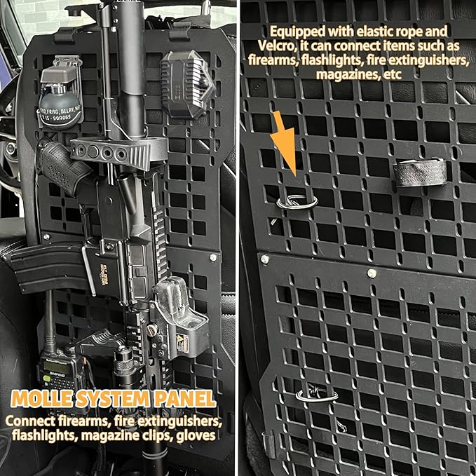 MAIKER Rigid Molle Panels For Vehicles Truck Mount Rack Tactical Seat Back Organizer Versatile Panel with Gun Rack Mount & Hook and Loop Fasteners & Elastic Rope for Storage Gears Accessories, Black