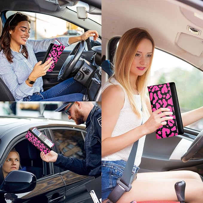 Car Registration and Insurance Holder with Magnetic Closure, Universal Document Organizer for License, Insurance Cards & Glove Box Storage (Leopard-Glitter Hot Pink)