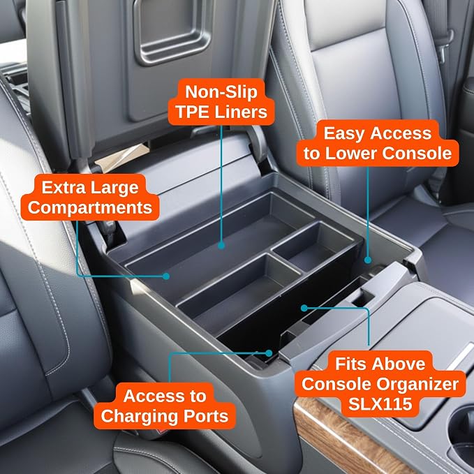 Center Console Organizer Tray for Chevy Silverado/GMC Sierra 1500 (2014-18) & 2500/3500 HD (2015-19) / Chevy Suburban/Tahoe/GMC Yukon (2015-20) - Made in USA - SLX123