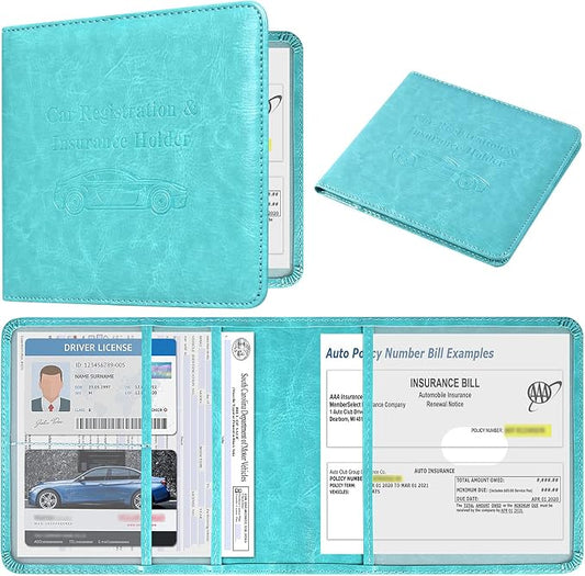 DMLuna Car Registration and Insurance Holder, Folio Leather Vehicle Card Document Glove Box Organizer, Auto Truck Compartment Accessories for Essential Information, Driver License Cards, Sky Blue