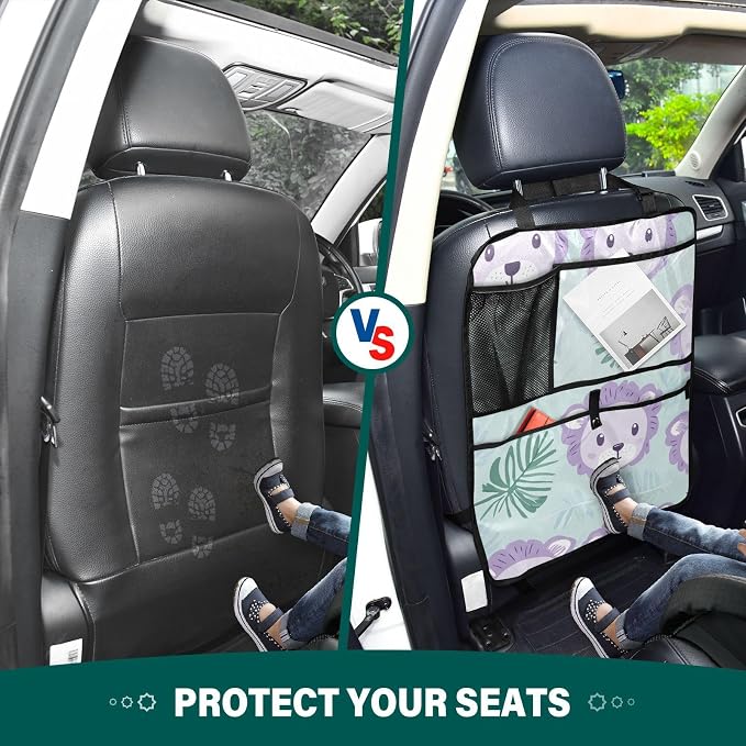 Cute Green Lion and Palm Leaves 1 Pack Backseat Car Organizer with Storage Pockets Seat Back Organizers for Kids Kick Mats Backseat Protector Automotive