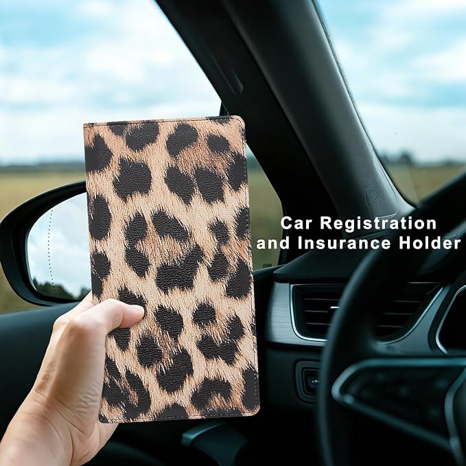 Car Registration and Insurance Holder, Premium Pu Leather Vehicle Glove Box Organizer - for Driver License, Cards & Essential Documents (L-Leopard)