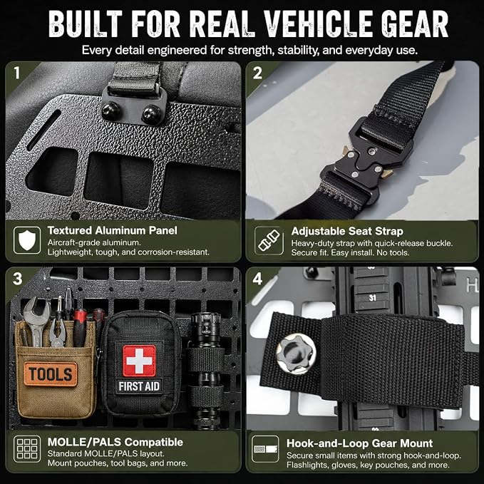 V2 Pro MOLLE Seat Back Panel, 2mm Aluminum Truck Seat Organizer, Anti-Rattle Headrest Mount, MOLLE/PALS Gear Rack for Full-Size Trucks & SUVs, 1 Seat Kit