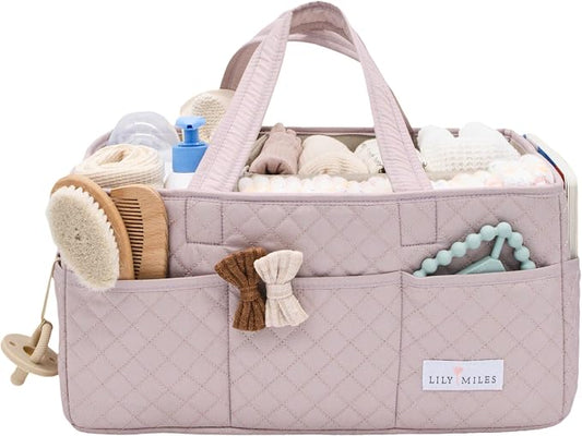 Lily Miles Baby Diaper Caddy Organizer, Quilted Nursery Storage Organizer for Newborn Essentials and Diaper Changing Station, Gift for Baby Shower and Registry Must-Have (Rosy Lilac)