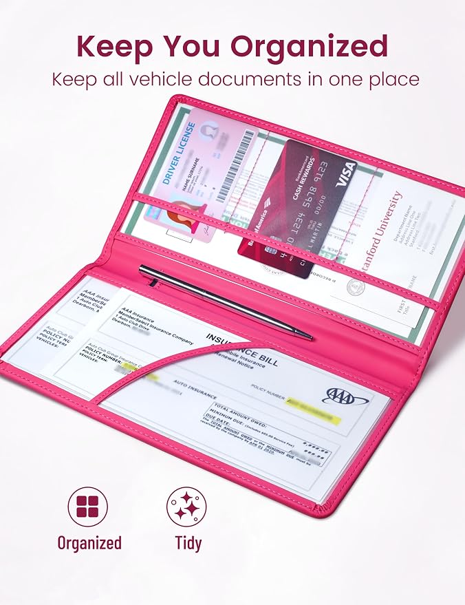 Yarnic Car Registration and Insurance Holder, Car Document Holder with Magnetic Closure, Registration and Insurance Card Holder Car Organizer Glove Box Compartment Organizer for Men Women (Hot Pink)