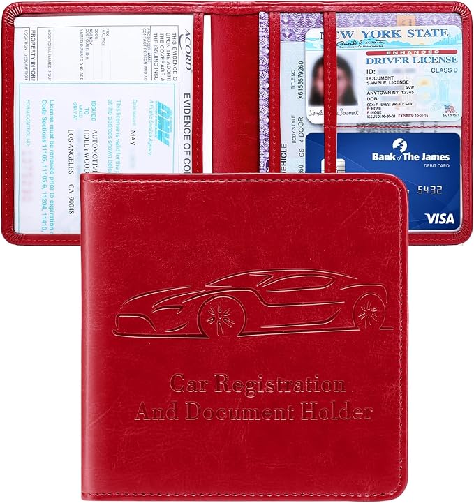 Registration and Insurance Card Holder, Vehicle Glove Box Car Organizer with Magnetic Closure, Interior Car Accessories for Documents, Cards, License Storage, 1-Pack Red