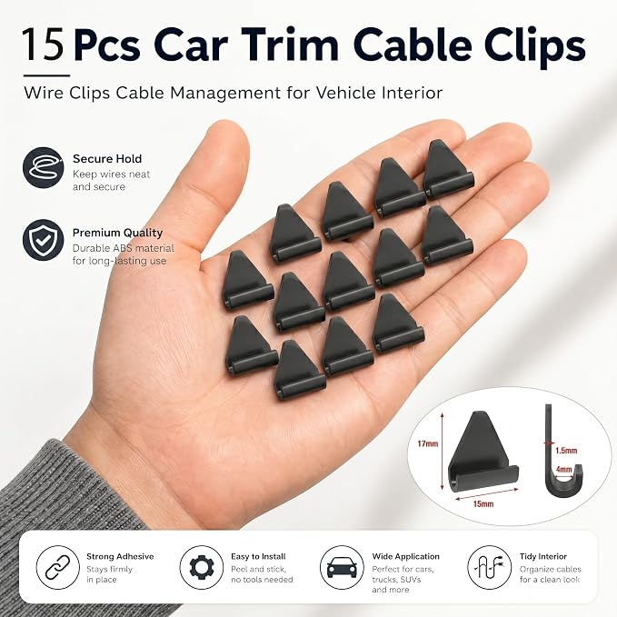 15 Pcs Car Trim Cable Clips, Wire Organizer for Vehicle Interior, No Adhesive Reusable Cord Holder for Phone Chargers, Dash Cams & More, Easy Installation