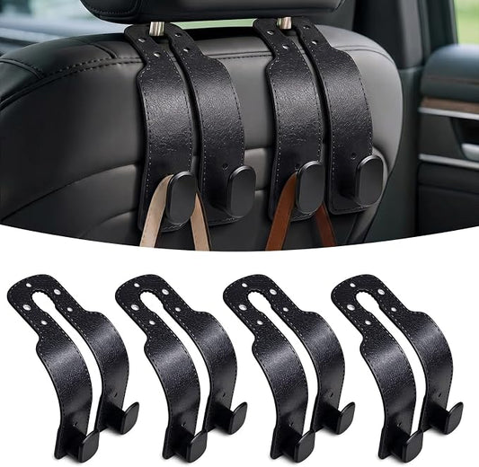 4 Pack Headrest Hooks for Car, Universal Leather Car Seat Back Hooks for Purses and Bags, Durable Car Purse Holder & Backseat Organizer Hanger for Handbags, Grocery Bags, Coats, Accessories, Black