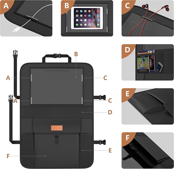 SMART ELF Non-Slip Backing Backseat Car Organizer Kick Mat with Storage Pockets, Large Waterproof Baby Car Seat Protector for Leather and Fabric (Black)
