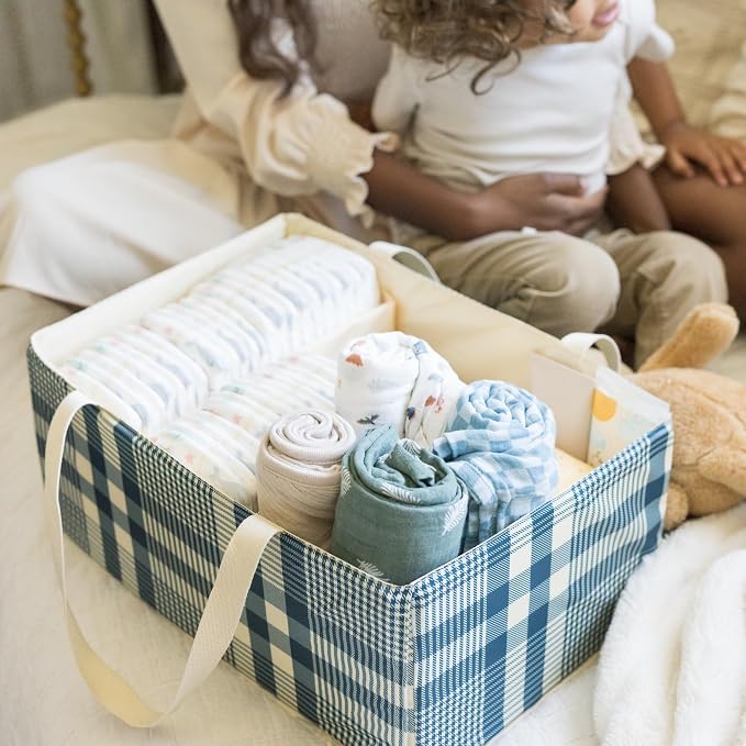 Tiny Twinkle Diaper Caddy Organizer, Gingham | Foldable Baby Storage Basket, Removable Divider, Waterproof & Mess-Proof Fabric, Portable Nursery Organizer
