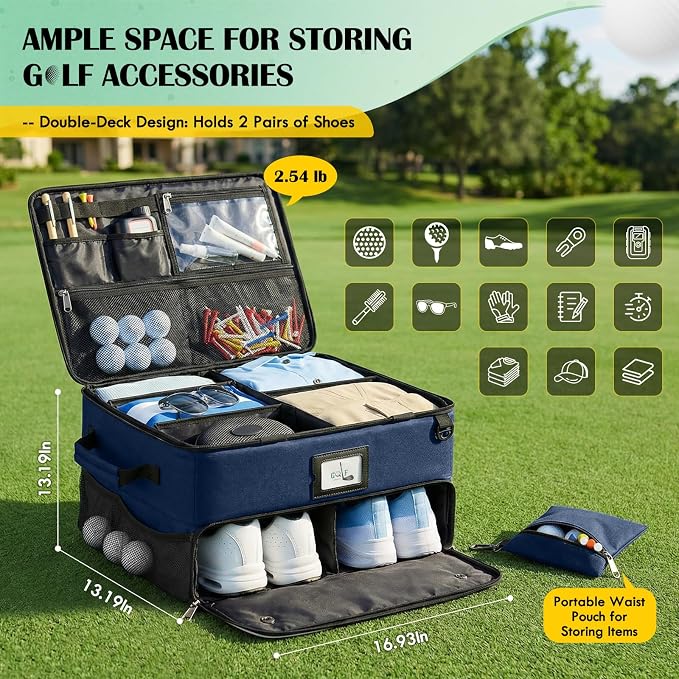 RAINSMORE Golf Trunk Organizer Golf Bag Organizers Golf Shoe Bag with Separate Ventilated Compartment for 2 Pair Shoes Golf Accessories for Balls, Gloves, Clothes