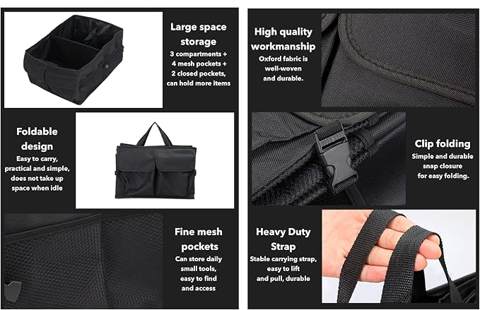 Trunk Organizer for Car - 52L Large Capacity Collapsible Multi Compartments Storage Organizer, Portable Car Storage Box for most Cars/Suv, Black