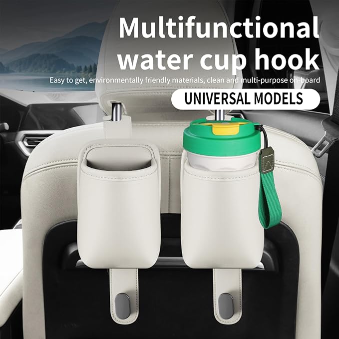 2-Pack Car Seat Back Cup Holder Organizer, White | Faux Leather, With Hooks, Universal Backseat Storage, For Drinks, Bottles & Travel Accessories