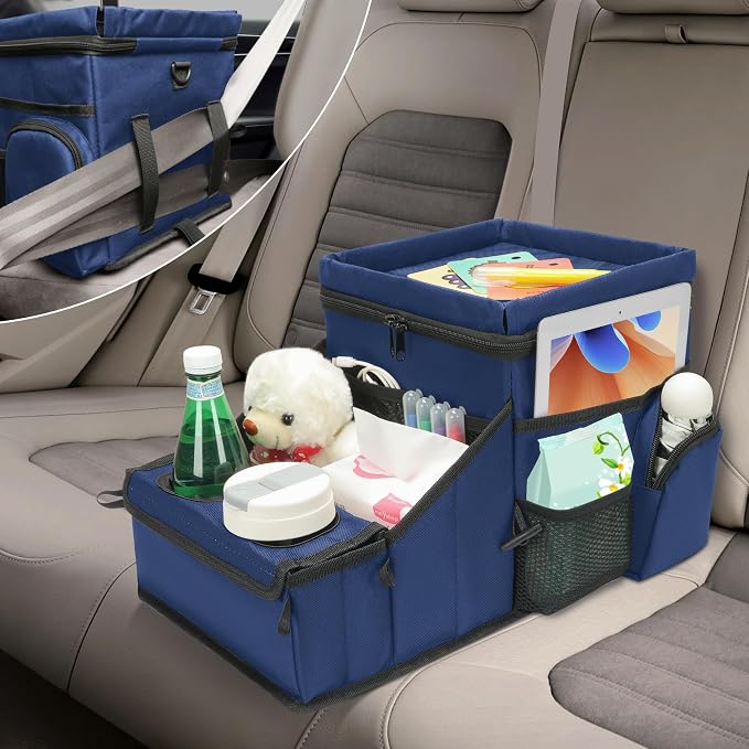 Backseat Organizer for Kids & Adults – Car Seat Cooler Warmer with 2-in-1 Writing Tray, Cup Holders & 11 Storage Compartments | Road Trip Car Organizer for Front & Back Seat (Black) (Navy Blue)