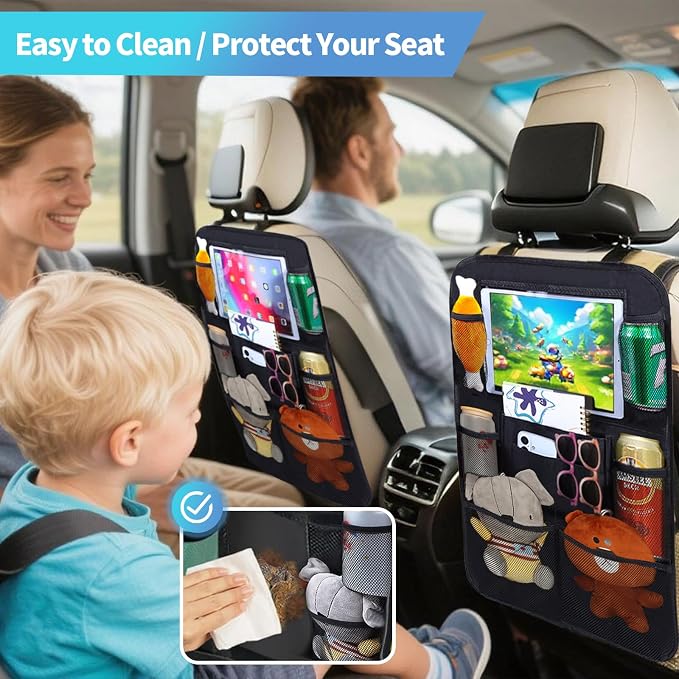 TCJJ Car Backseat Organizers with 10" Touch Screen Tablet Holder&9 Storage Pockets,Back Seat Organizer for Kids Waterproof Car Seat Organizer,Black/2 Pack