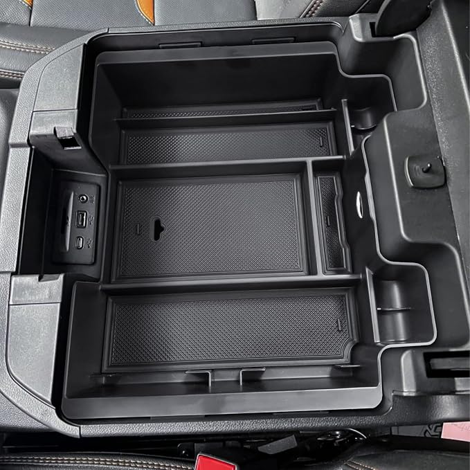 [Full-Coverage Center Console Organizer Compatible with 2019-2022 Chevy Silverado 1500/GMC Sierra 1500 and 2020-2023 Silverado/Sierra 2500/3500HD Accessories, Armrest Insert Tray,Black