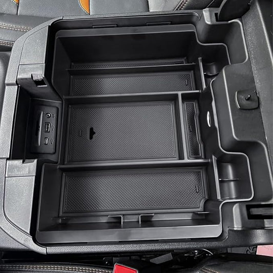 [Full-Coverage Center Console Organizer Compatible with 2019-2022 Chevy Silverado 1500/GMC Sierra 1500 and 2020-2023 Silverado/Sierra 2500/3500HD Accessories, Armrest Insert Tray,Black