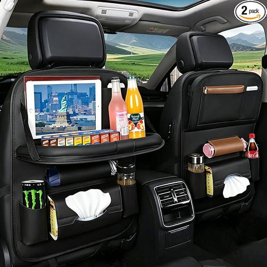 YiYang Car Back Seat Organizer with Foldable Tray, Multi-Pocket Storage, Tablet Holder, Cup Holders (2, Black)