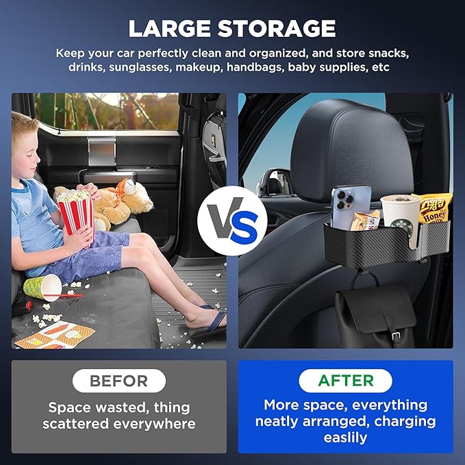 Car Headrest Backseat Organizer with Cup Holder, 3 in 1 Storage Box Organizer & Hooks for Car, for Hold Phone, Snacks, Drinks, Handbag, Compatible with Most Vehicles Black 2pcs