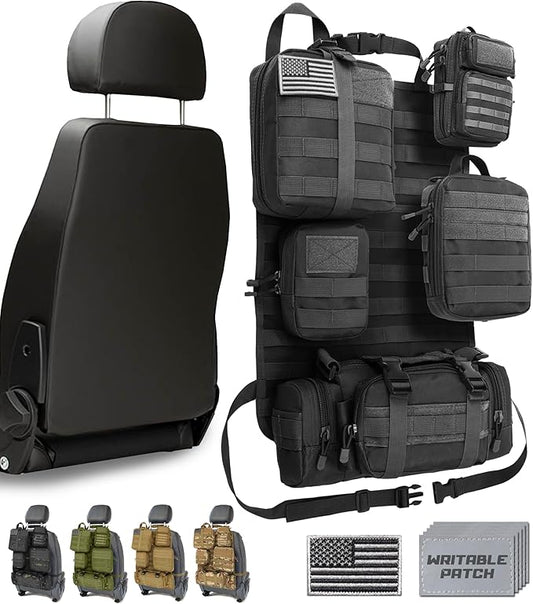 DBTAC Tactical Molle Car Seat Organizer | Vehicle Back Panel with 5X Detachable Pouches, US Flag & Writable Reflective Patch for Cars, Trucks, SUVs, Sedans