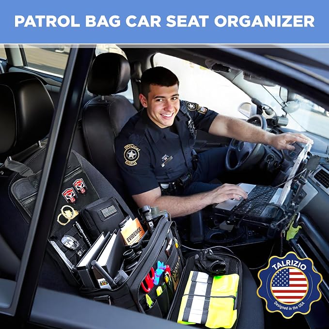 Patrol Bag Law Enforcement Car Front Seat Organizer, 17" Laptop Sleeve, MOLLE, Cup Holder, Water Resistant, Multiple Pocket Tactical Police Gear and Duty Bag